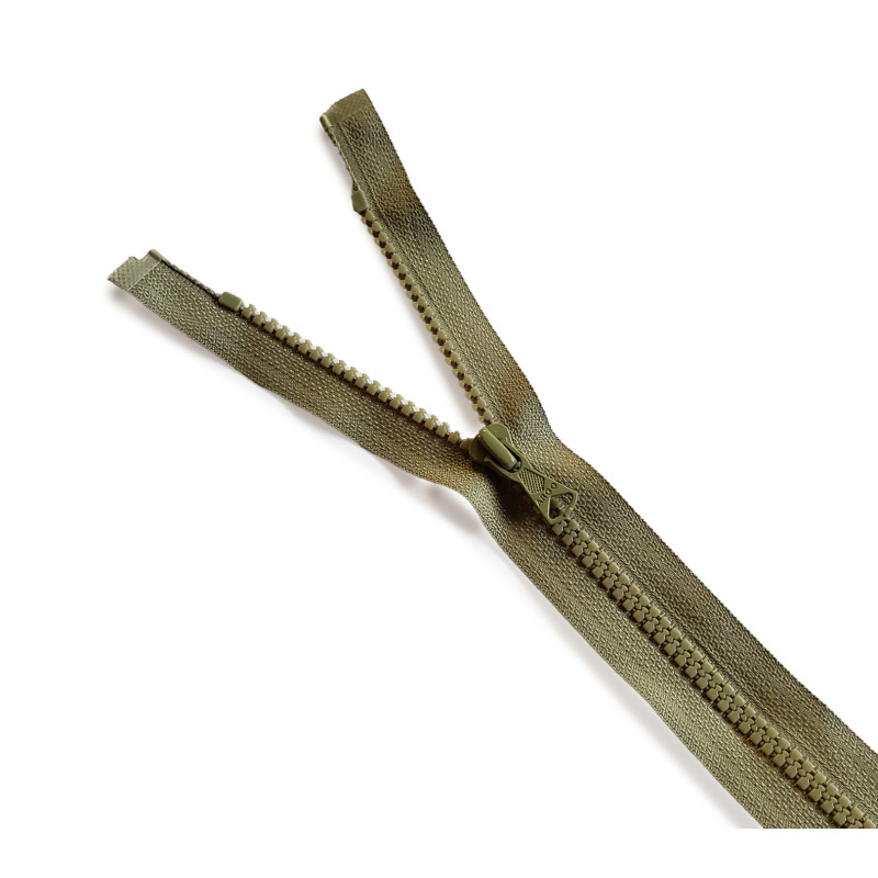 Open-end chunky zip - olive green color, 55cm long, placed on a white background, across the frame Open-end chunky zip - olive green color, 55cm long, placed on a white background, across the frame