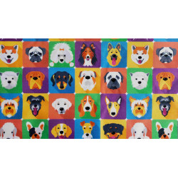 Colorful Dogs on squares - Waterproof  Fabric, full view on the pattern