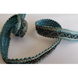Multicolor gimp trim 16mm - teal-brown-beige, twisted on a white background