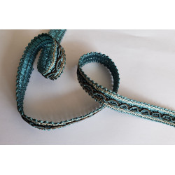 Multicolor gimp trim 16mm - teal-brown-beige, twisted on a white background
