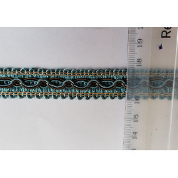 Multicolor gimp trim 16mm - teal-brown-beige, placed a white background with the ruler