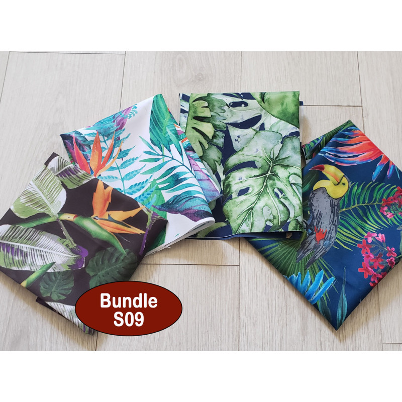 Outdoor fabric remnants bundle- tropical designs [placed on a white wooden background Outdoor fabric remnants bundle- tropical designs [placed on a white wooden background