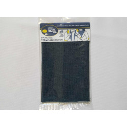 Iron-on denim fabric sheet - medium blue denim color, placed on a white background