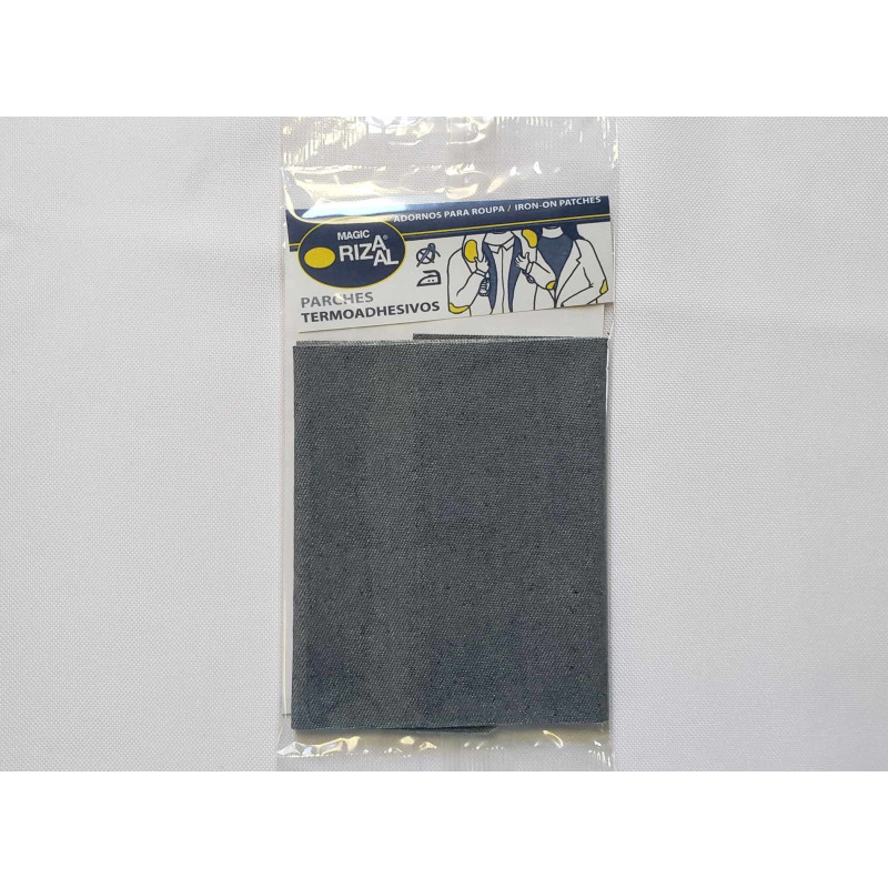Iron-on denim fabric sheet - medium blue denim color, placed on a white background