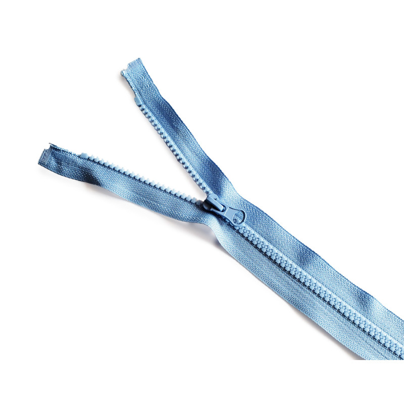 chunky zip - open end - baby blue - 60 cm long placed on a white background across the frame chunky zip - open end - baby blue - 60 cm long placed on a white background across the frame