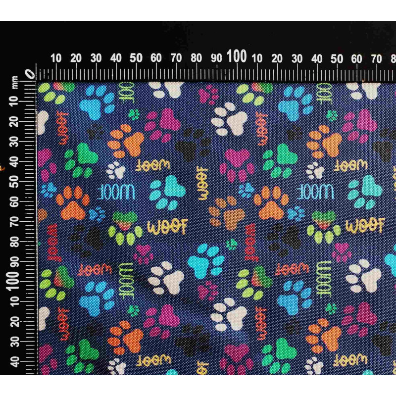 Mini Dog's paws on Navy - fully waterproof fabric, the fabric with measuring tape