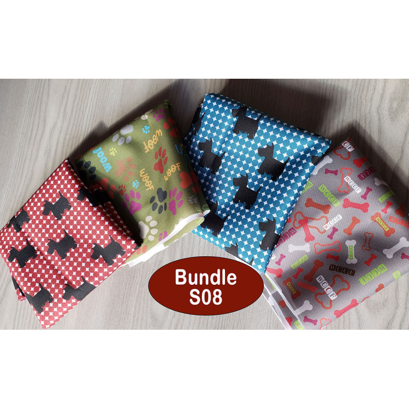 Outdoor fabric remnants bundle - dog's designs- 4 pieces of fabric , placed on a grey background