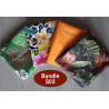 Water-resistant canvas fabric remnants bundle - tropical mix theme. The bundle is placed on a wooden background