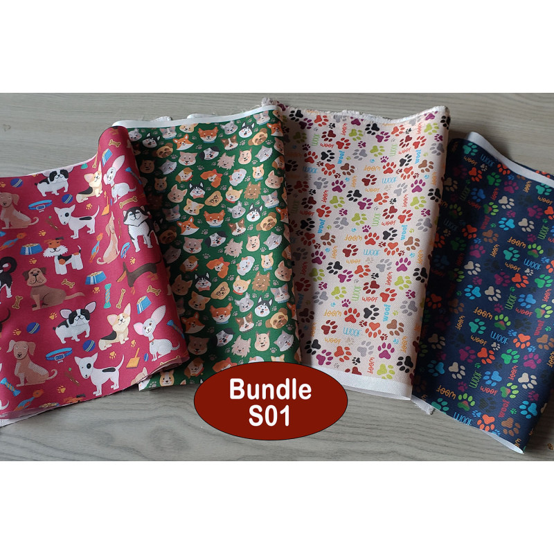 Outdoor fabric remnants bundle - mix of dog designs- 4 pieces, placed on a wooden table