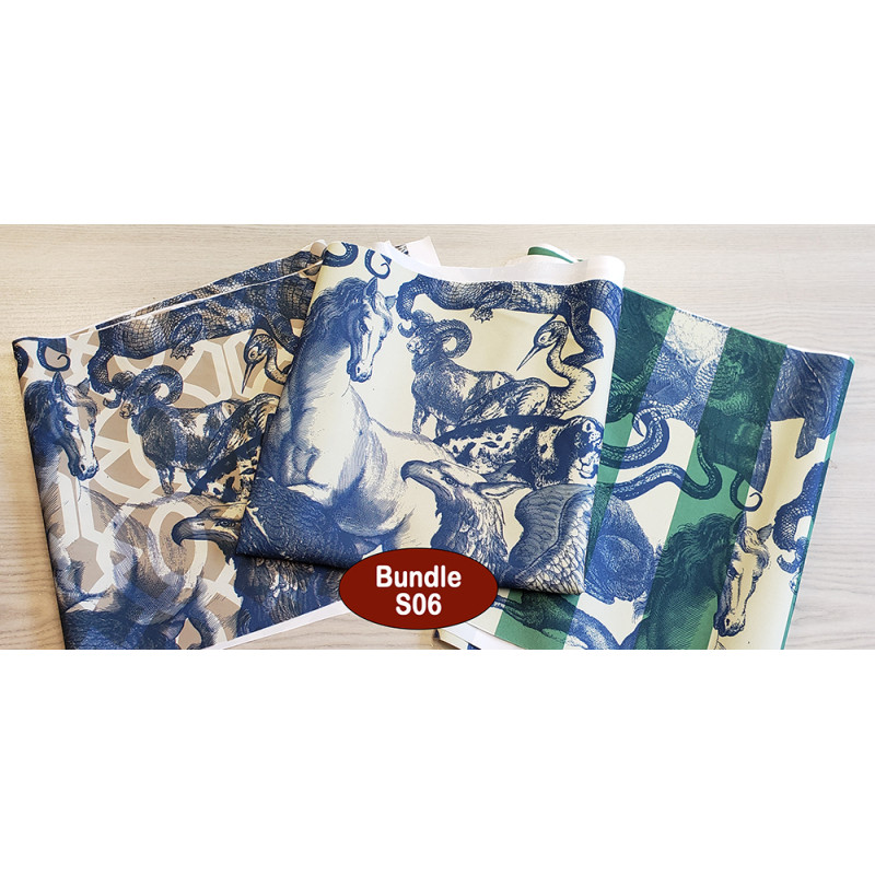 Water-resistant canvas fabric remnants bundle - Quirky animals - 3 pieces, placed on a table