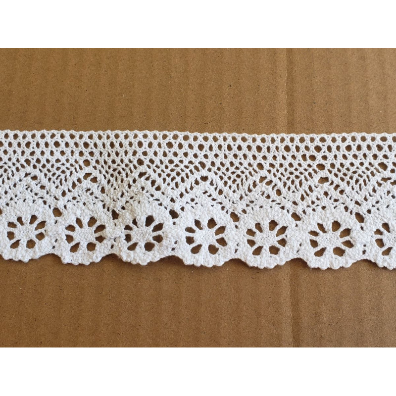 white cotton lace trim - 5cm wide, placed on a beige background