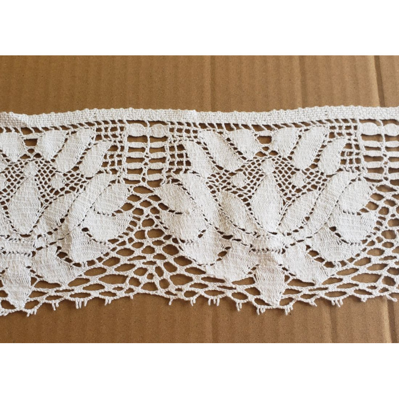 white cotton lace trim - 11cm wide, placed on a beige background