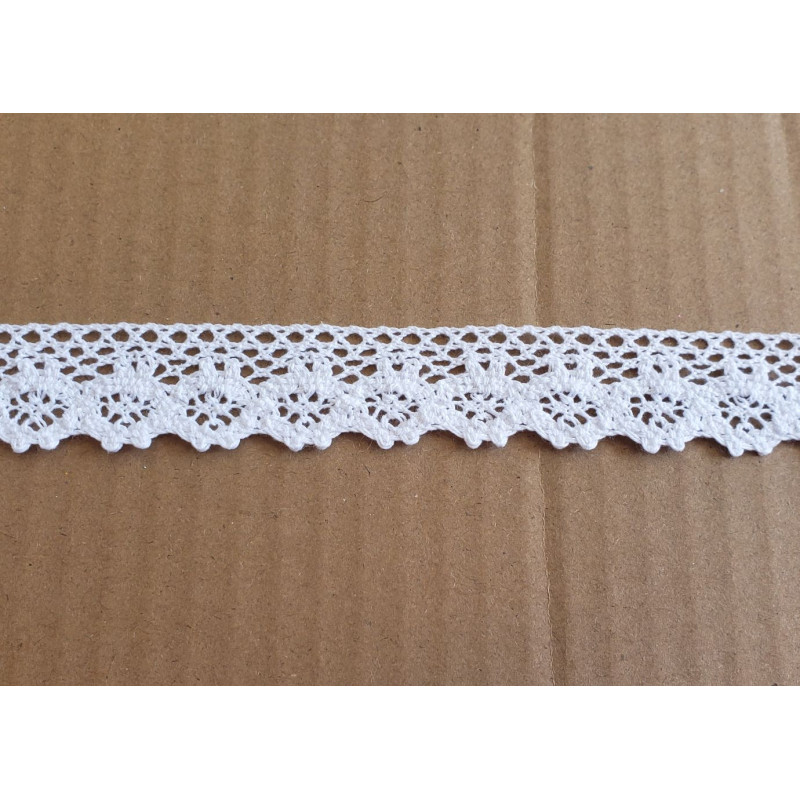 white cotton lace trim - 8,5cm wide, placed on a beige background