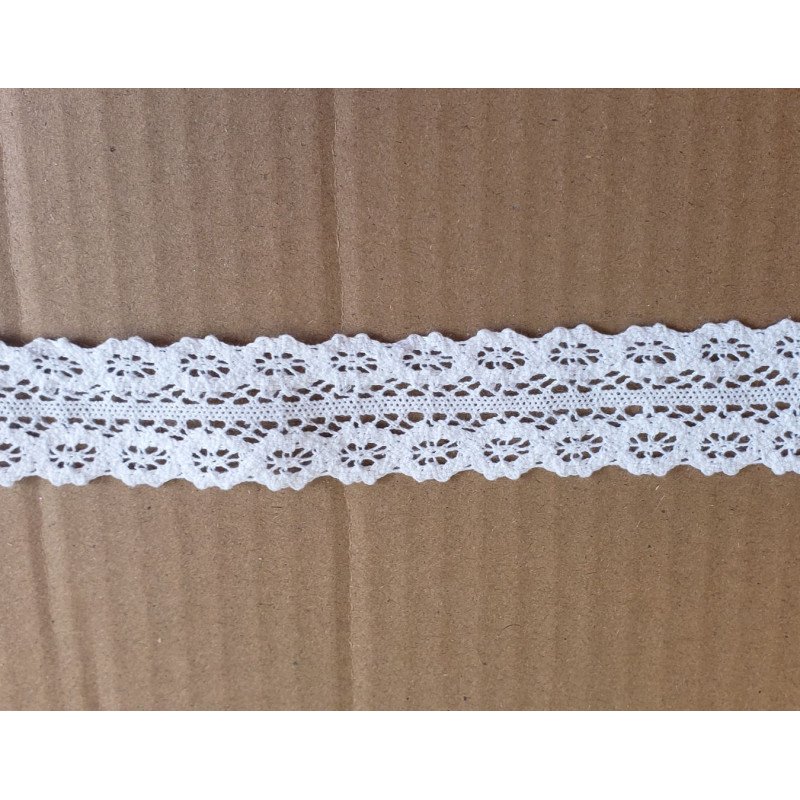 white cotton lace trim - 8,5cm wide, placed on a beige background