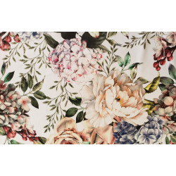 Hydrangea flowers on off white - velvet fabric, close up on the design