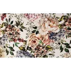 Hydrangea flowers on off white - velvet fabric, close up on the design