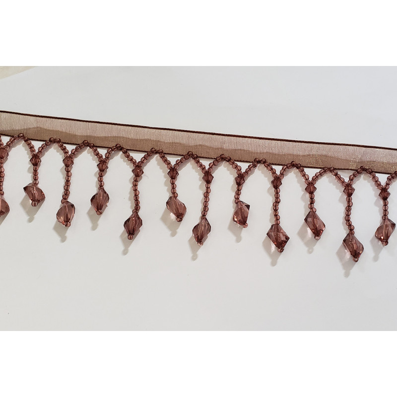 Glass bead fringing - brown - 6cm long, placed on a white background