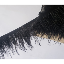 Ostrich feather fringe trim - black color, placed on a white, contrasting background