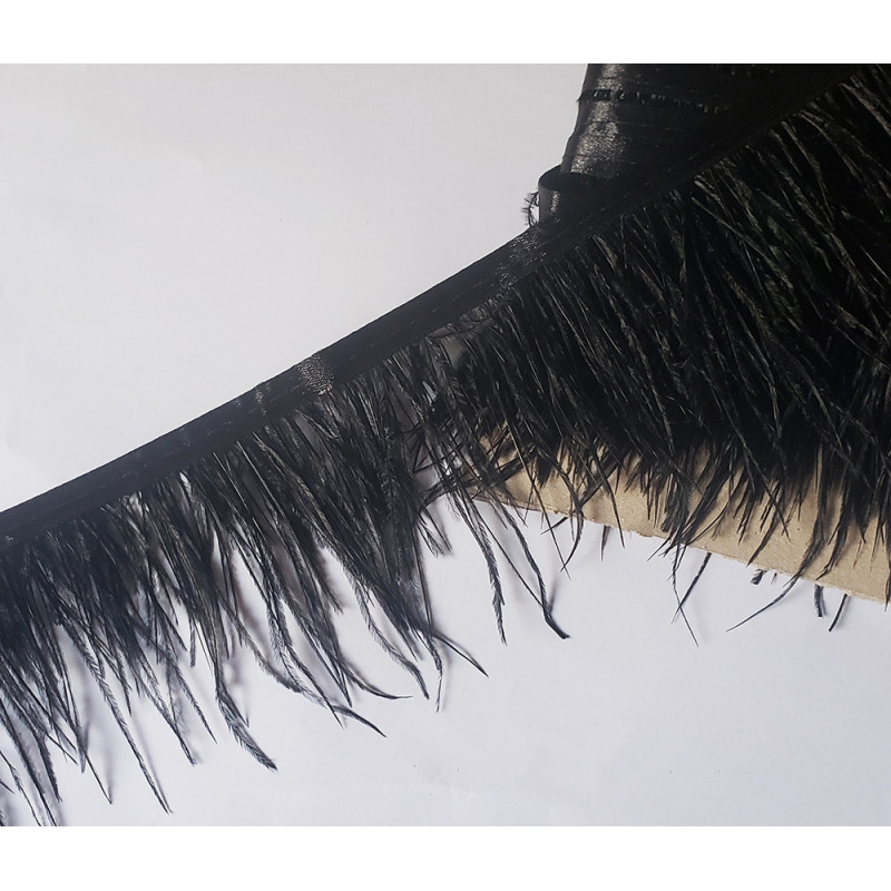 Ostrich feather fringe trim - black color, placed on a white, contrasting background