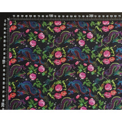 Water-resistant canvas fabric - Mini Dragons&Roses on black with a measuring tape, to show the size of the design