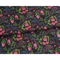 Water-resistant canvas fabric - Mini Dragons&Roses on black placed across the frame with a fold