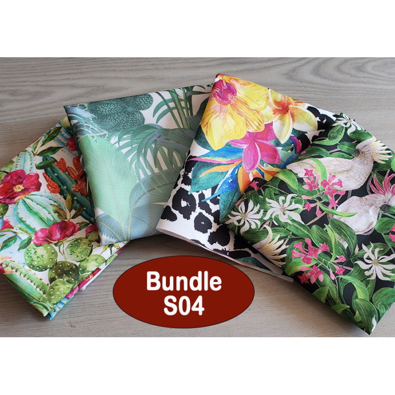 water-resistant fabric remnants bundle - tropical designs, placed on a wooden table
