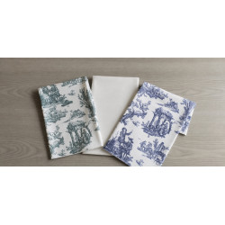 Cotton canvas remnants bundle - Toile de Jouy, placed on a grey wooden background