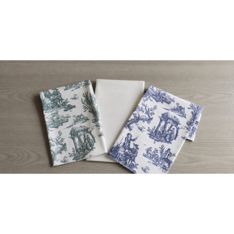 Cotton canvas remnants bundle - Toile de Jouy, placed on a grey wooden background