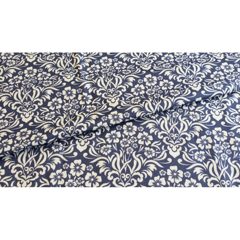 Floral damask - navy on natural- canvas- remnant 50/146cm