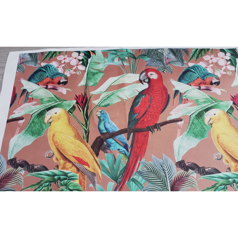 Vintage parrots - brown - heavy satin - remnant 48/65cm