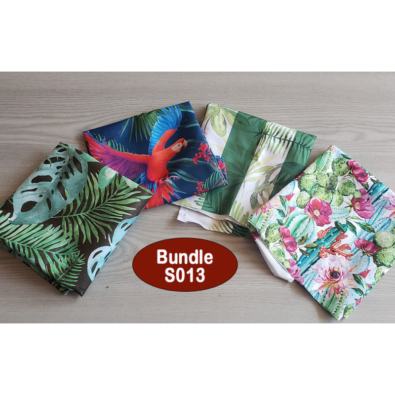Outdoor fabric remnants bundle - TROPICAL PRINT BUNDLE- 4 pieces of fabric, placed on a table