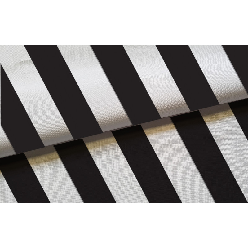 black and white striped waterproof canvas fabric for outdoor cushions and upholstery, placed with the fold